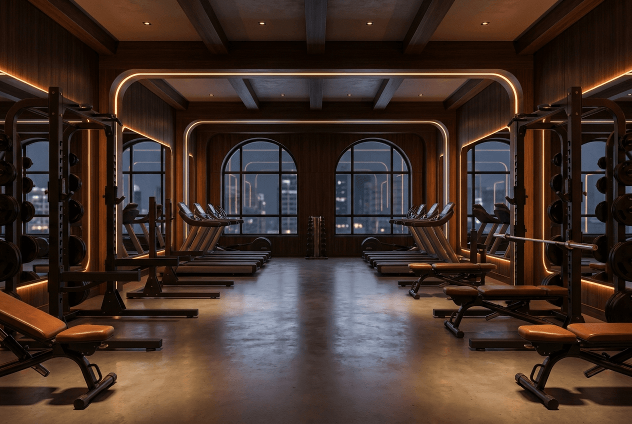 Wide angle interior of an empty high end private gym